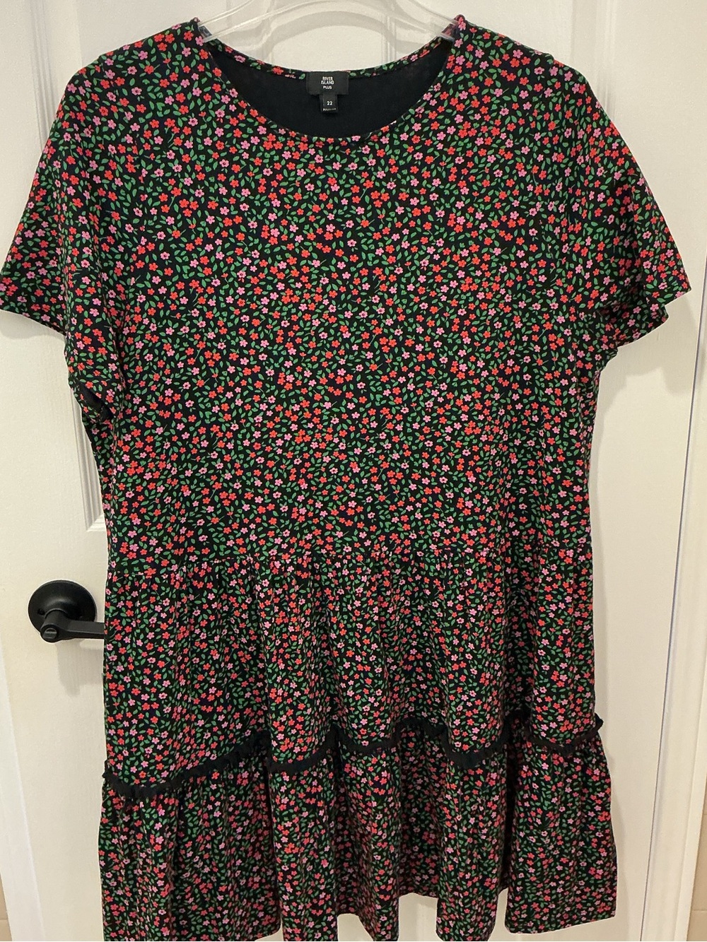 River Island Black Mini Dress with Pink, red and Green Floral Print